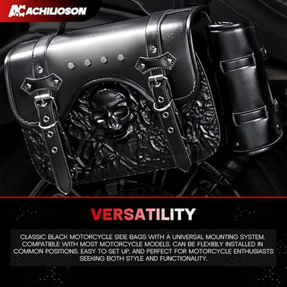 14L Motorcycle Tool Bag 3D Skull Embossed PU Leather Saddlebag with Handlebar Roll Bag, Universal Waterproof Black Motorcycle Side Bags Storage Pouch for Most Motorcycles - style: Skull Pattern Bag Featuring Side Roll-up Pocket