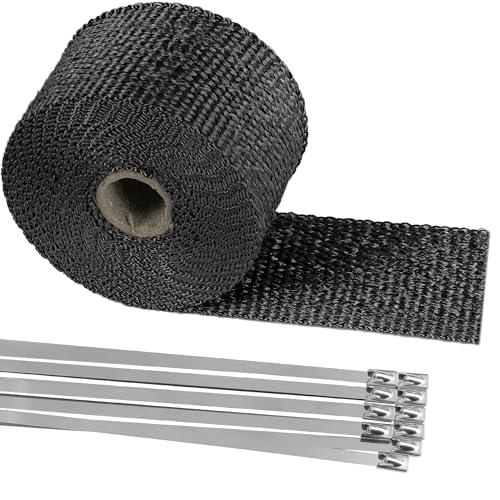 Deecam Exhaust Heat Wrap, 2'' x 16.5' Black Fiberglass Heat Resistant Exhaust Wrap Roll for Motorcycle, Car Exhaust Pipe Heat Insulation Muffler Tape with 10 Stainless Locking Ties - size: 5M