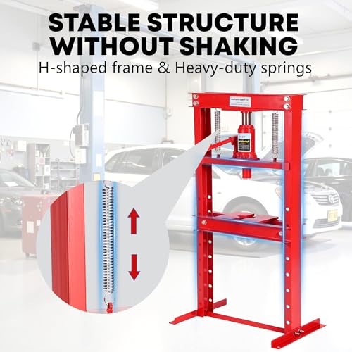 12 Ton H-Frame Hydraulic Shop Press, Adjustable Table & Press Plates Red - color: 12T-Red