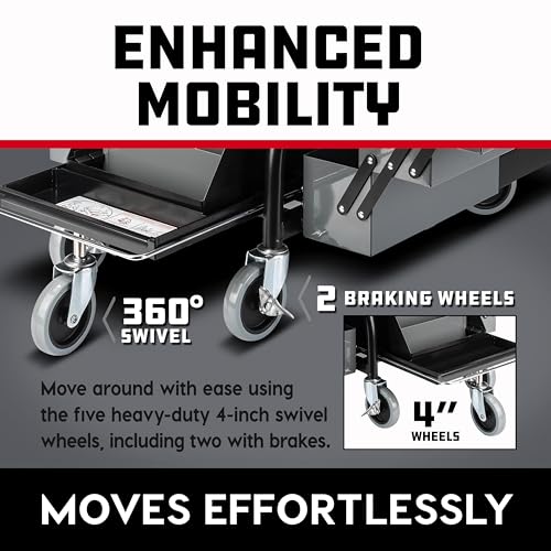 Powerbuilt Professional Mechanics Roller Seat, Heavy Duty Padded Detailer Seat and Backrest, Sliding Storage Drawers, Tool Tray, Can Holders, 4-Inch Swivel Wheels - size: Sliding Storage Drawers
