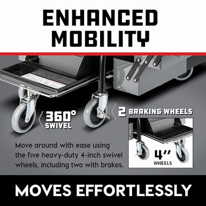 Powerbuilt Professional Mechanics Roller Seat, Heavy Duty Padded Detailer Seat and Backrest, Sliding Storage Drawers, Tool Tray, Can Holders, 4-Inch Swivel Wheels - size: Sliding Storage Drawers