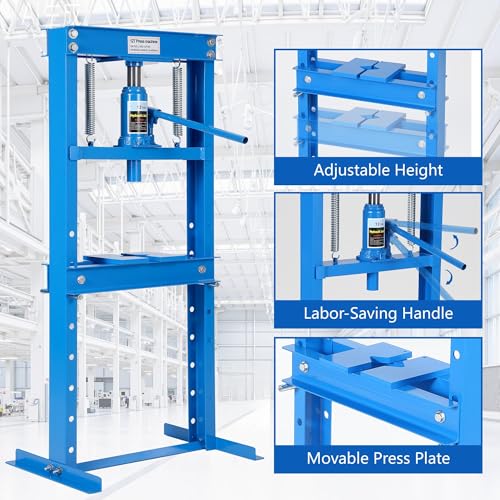 GAOMON Heavy Duty 12 Ton Hydraulic H-Frame Shop Press – Adjustable Table & Stamping Plates – Manual Hydraulic Power for Automotive, Garage, Bearing Removal, Metalworking – 12T, Blue
