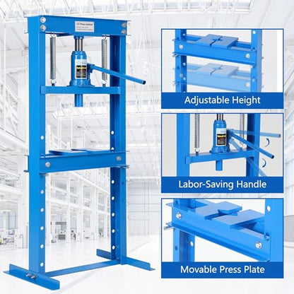GAOMON Heavy Duty 12 Ton Hydraulic H-Frame Shop Press – Adjustable Table & Stamping Plates – Manual Hydraulic Power for Automotive, Garage, Bearing Removal, Metalworking – 12T, Blue