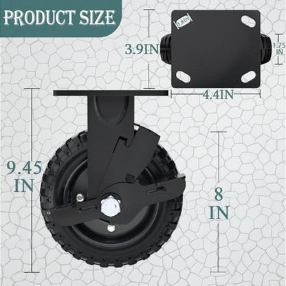8 Inch Rigid Heavy Duty Caster Wheel with Brake, Set of 2 - size: 8 Inch