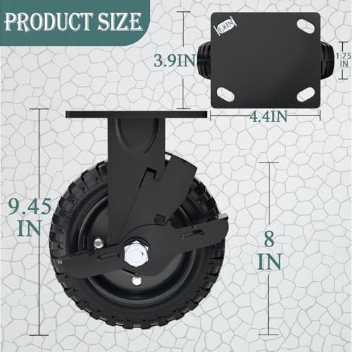 8 Inch Rigid Heavy Duty Caster Wheel with Brake, Set of 2 - size: 8 Inch