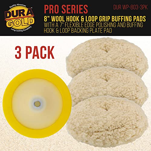 Dura-Gold 3 Pack of 8 100% Wool Hook & Loop Grip Buffing Pads with a 7" Flexible Edge Backing Plate - Compound Cutting, Polishing - Fits Auto Car Detailing Polisher Sanders - Paint, Boat