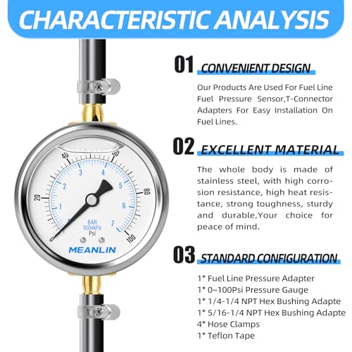 MEANLIN MEASURE 9Pcs Kit 0-100Psi Stainless Steel Liquid Filled Pressure Gauge 1/4" NPT 2.5" FACE DIAL, Back Mount with 1/4" 5/16" Hose Barb, Tee Fittings, WOG Water Oil Air - size: 0-100Psi (9Pcs Kit)