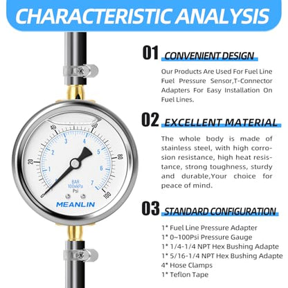 MEANLIN MEASURE 9Pcs Kit 0-100Psi Stainless Steel Liquid Filled Pressure Gauge 1/4" NPT 2.5" FACE DIAL, Back Mount with 1/4" 5/16" Hose Barb, Tee Fittings, WOG Water Oil Air - size: 0-100Psi (9Pcs Kit)