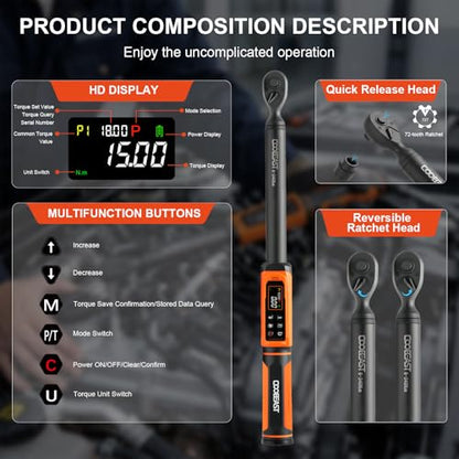 Digital Torque Wrench 1/2 Drive,Preset Value(3.76-250.8Ft.lbs./5.1-340Nm) - color: Black, size: 1/2-inch(3.76-250.8 Ft.lbs./5.1-340Nm)