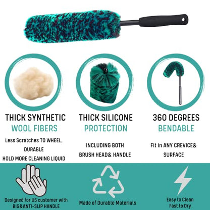 oesee Professional 4 Pack Long Handle Wheel Brush Kit for Cleaning Wheel and Tire- 2X Soft Wheel Cleaning Brush, Detailing Brush and Stiff Tire Brush, Bendable& Durable Wheel Rim Cleaner Brush Set - color: Green/Black, size: 4-Pack