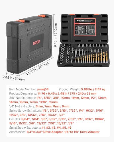 VEVOR Screw Extractor Set with Drill Bits, 54 Pieces, Easy Out Nut Bolt Extractors and Drill Bits, with Adapters, Solid Storage Case, Cr-Mo Steel for Removing Rounded, Broken, or Stripped Fasteners - size: 54 PCS