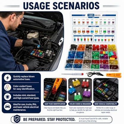 1221 Piece Car Fuse Assortment Kit 2A-80A Mini Standard JCASE