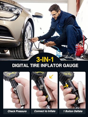AZUNO Digital Tire Inflator with Pressure Gauge, 200 PSI, Heavy Duty Air Compressor Accessories, w/Rubber Hose Lock on Air Chuck and Quick Connect Coupler - size: 200PSI