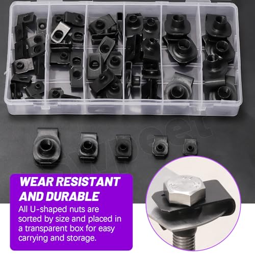 Swpeet 50Pcs M4 M5 M6 M8 M10 Carbon Steel Auto Car U-Clip Assortment Kit, U-Shaped Nut U Nut, Metal Trim Panel Spring Clip Fasteners for Dash Door Panel Interior Compatible with Most Auto (Black) - size: N4