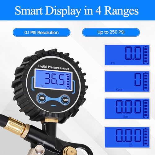 Digital Tire Pressure Gauge with Inflator 250 PSI, Heavy Duty 360° Air Chuck Air Compressor Attachments, Improved Leaks Protection & Extended Hose Tire Gauge, 0.1 Display Resolution, with Storage Box