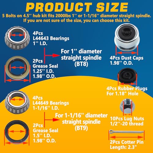 5x4.5'' Trailer Hub Kits for 2000lb 1'' or 1-1/16'' Straight Axle - color: 2 Sets