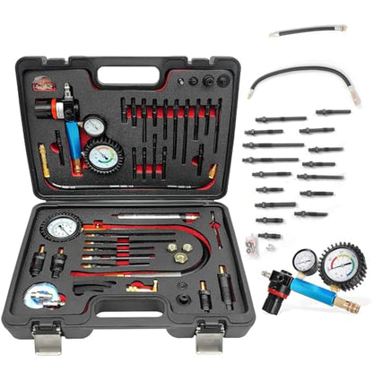 Compression and Leakage Test Kit 47PCS Petrol & Diesel Engine Compression Tester Automotive Cylinder Leak Down Tester Kit with Dual Gauge Engine Compression Tester Kit for HDi, TDCi, Pumpe Duse Engine - color: Black