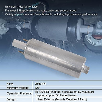 High Flow Pressure External Inline 255LPH Fuel Pump With Installation Kit Replacement For GSL392 400-939 Universal