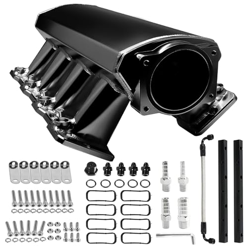 92mm Intake Manifold with Fuel Rails & Hardware Kit, Compatible with Chevy GM LS LS1 LS2 LS6 Engines 4.8L 5.3L 5.7L 6.0L High Flow Aluminum Sheet Metal (Black) - color: Black