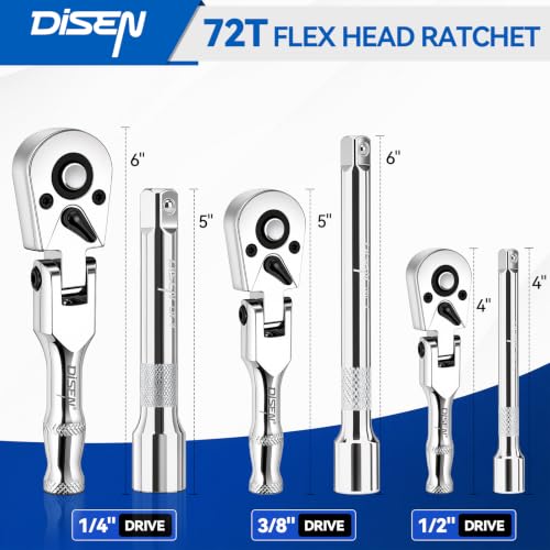 DISEN 6PCS Flex-Head Stubby Ratchet Set – 1/4", 3/8", 1/2" Drive Ratchet - color: 72t Flex-head Ratchet 3pcs