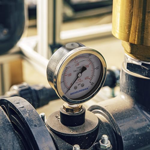 MEASUREMAN Fully Stainless Steel Hydraulic Glycerin Filled Pressure Gauge, 2-1/2" Dial Size, 1/4" NPT Lower Mount, 0-60psi/kpa - size: 0-60 psi, style: Lower Mount(100% Stainless Steel)