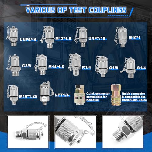 Hydraulic Pressure Gauge Test Kit 4 Gauges(10/25/40/60MPa) Tester Set with 3 Test Hoses & 13 Couplings Straight Connectors for Construction Machinery Excavator(Silver) - size: Silver 4 Gauges 13 Couplings