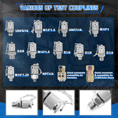 Hydraulic Pressure Gauge Test Kit 4 Gauges(10/25/40/60MPa) Tester Set with 3 Test Hoses & 13 Couplings Straight Connectors for Construction Machinery Excavator(Silver) - size: Silver 4 Gauges 13 Couplings