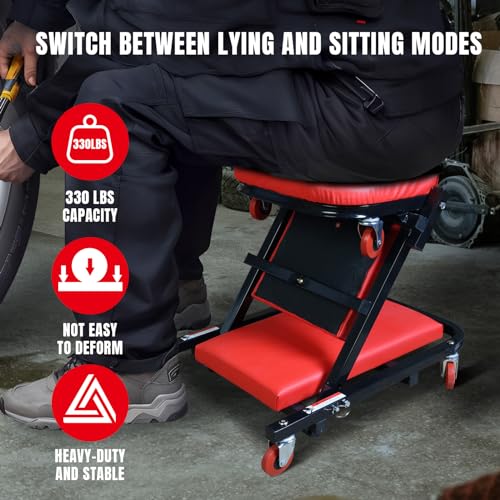 Big RED ATW4015ZR Torin ，40" Foldable Z-Creeper Seat，2-in-1 Garage/Shop Creeper，330 lbs Capacity，Low Profile Creeper with 6 pcs Wheels for Auto Repair，Garage and Shop，Lay Down or Sit，Red - style: 40″RED Foldable Creeper
