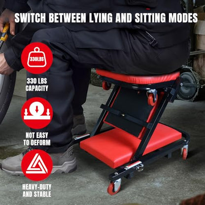 Big RED ATW4015ZR Torin ，40" Foldable Z-Creeper Seat，2-in-1 Garage/Shop Creeper，330 lbs Capacity，Low Profile Creeper with 6 pcs Wheels for Auto Repair，Garage and Shop，Lay Down or Sit，Red - style: 40″RED Foldable Creeper