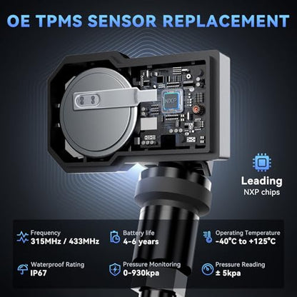 MUCAR VENU5 TPMS Sensor Set of 4, Activation Relearn by Universal TPMS Tool,Tire Pressure Sensor 2-in-1 (315MHz + 433MHz) OE Programmed by T261/VENU iPro for 98% Vehicle Model