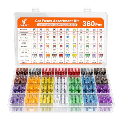 JOREST 360Pcs Car Fuse Assortment Kit, 160 Mini Blade Fuses Automotive + 90 Standard Auto Fuses + 50 Micro Fuse + 60 Micro2 – for RV/Truck/Motorcycle(2A 3A 5A 7.5A 10A 15A 20A 25A 30A 35A 40A) - style: 360pcs Micro2&Micro&Mini&Standard