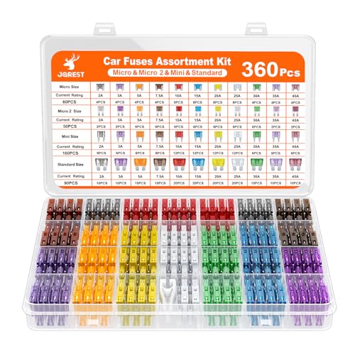 JOREST 360Pcs Car Fuse Assortment Kit, 160 Mini Blade Fuses Automotive + 90 Standard Auto Fuses + 50 Micro Fuse + 60 Micro2 – for RV/Truck/Motorcycle(2A 3A 5A 7.5A 10A 15A 20A 25A 30A 35A 40A) - style: 360pcs Micro2&Micro&Mini&Standard