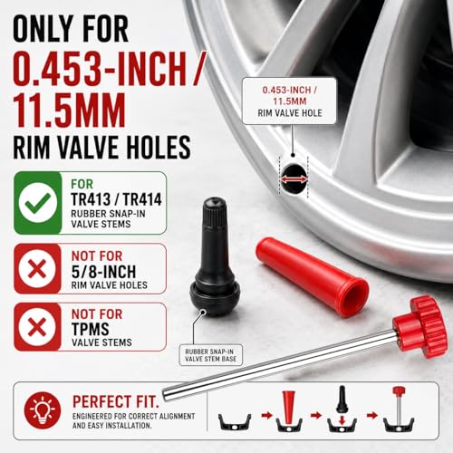Valve Stem and Core Removal Replacement Tool Kit,Valve Stem Installation Tool Without Removing Tire,Snap Fix Mate Valve Stem with 5 TR413/TR414 for Cars Motorcycles Lawn Mowers ATVs