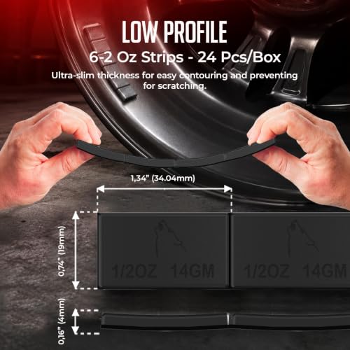 Wheel Accessories Parts 1/2 Oz. 0.50 Oz. Black Low Profile Stick-On Adhesive EasyPeel Tape Wheel Balancing Weights 0.34 kgs 0.75 lb Box US Made Tape 24 Pcs per Box - size: 1/2 Oz Segment, style: 24 Pcs Black