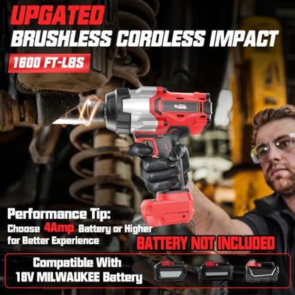 Cordless Impact Wrench 1/2" Compatible with Milwaukee 18V Battery, 1600Ft-lbs(2200N.m) High Torque Impact Gun Heavy Duty, Brushless Electric Power Impact Driver with 4 Speed Modes & LED Work Light - size: 1/2" 2200NM Compatible with Milwaukee