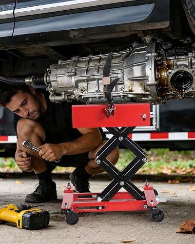 450 LBS Low Profile Transmission Jack, Heavy Duty Auto Repair Lifting Jack with Safety Straps & 4 Swivel Wheels, 7-23 Inch Height Range, Red - color: Red