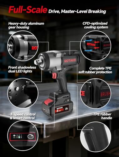 ROTAKE 20V 1" Pro Heavy-Duty Cordless Impact Wrench Kit, 1880 FT-LBS, TB6 - size: 1" (1880 ft-lbs) TB6