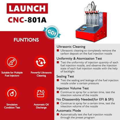 LAUNCH CNC801A GDI Fuel Injector Cleaning Machine - 2026 Latest Version 6-Cylinder Ultrasonic Fuel Injection System Tester & Cleaner with Exclusive Automatic Oil Discharge for GDI EFI SFI Nozzles