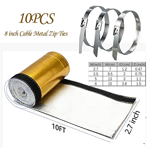 Heat Shroud Sleeving Exhaust Heat Shield Fuel line Wire Heat Sleeve Golden Hose Heat wrap for Ultimate Hi-Temp Protection with 10PCS Metal Zip Ties (1/2''I.D. x 10FT) - color: gold, size: 1/2''I.D.