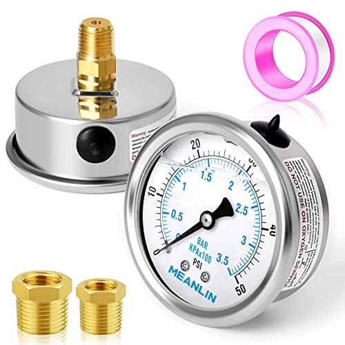 MEANLIN MEASURE 0~50Psi Stainless Steel 1/4" NPT 2.5" FACE DIAL Liquid Filled Pressure Gauge WOG Water Oil Air Center Back Mount, with 1/2" NPT and 1/4" x 3/8" NPT Hex Bushing - size: 0-50Psi