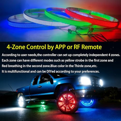 Surper Bright New 17in RGBW 4 Row Wheel Lights for Truck,APP RF 4-Zone Control,High Density 2592 LEDs RGB+White Wheel Ring Light,Brake & Courtesy Function,Music Sync Dynamic Car Rim Tire Lights