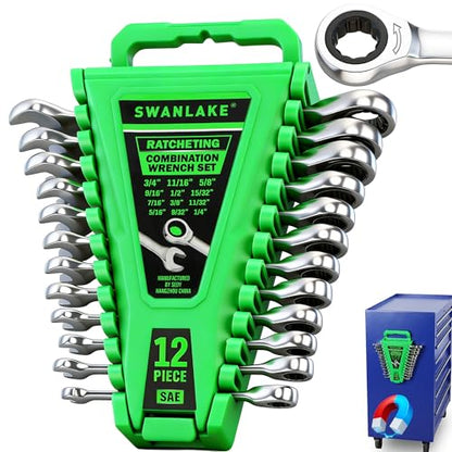 12-Piece Ratcheting Wrench Set, SAE 1/4 - 3/4 inch Ratchet Combination Wrenches Set, 12-Point 72-Tooth Ratchet Spanners with Magnetic Base Organizer, Chrome Vanadium Steel for Automotive Mechanic Tool - style: Ratchet SAE