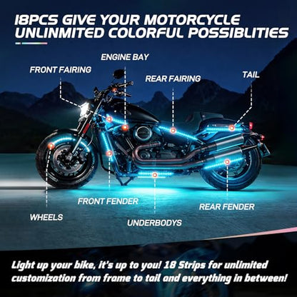 Nilight 18PCS Motorcycle RGB LED Light Kits with RF Wireless Remote - color: 18Pcs RGB LED Strip Lights