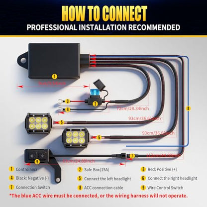 JHE Motorcycle Led Light Wiring Harness Kit,Driving Light Switch, With Waterproof Motorcycle Light Switch, Used To Control Led Light Bar/Driving Light/Fog Light Wiring Harness For Motocycle,3 MODE.