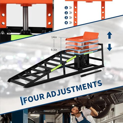 5 Ton Hydraulic Car Ramps, Heavy Duty Vehicle Lift with Reflective Strips for Night Use, Low Profile Adjustable Height 9.8" to 15", Portable Auto Service Ramps for Oil Changes Garage&Truck Maintenance