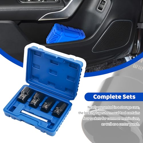 5PCS Locking Lug Nut Removal Tool,17-22mm Wheel Lock Removal Kit with 6 Point Design for Replacing The Nuts,Automotive Tools 1/2" Drive Lug Nut Extractor Set with Center Punch Bar