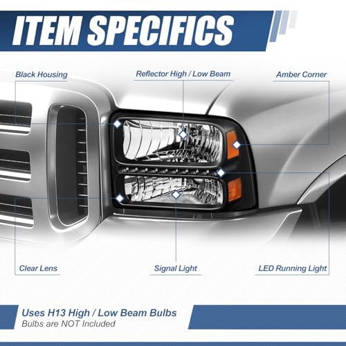 Auto Dynasty LED DRL Headlights for 2005 2006 2007 Ford F250 F350 F450 F550 - color: Black Housing Amber Corner