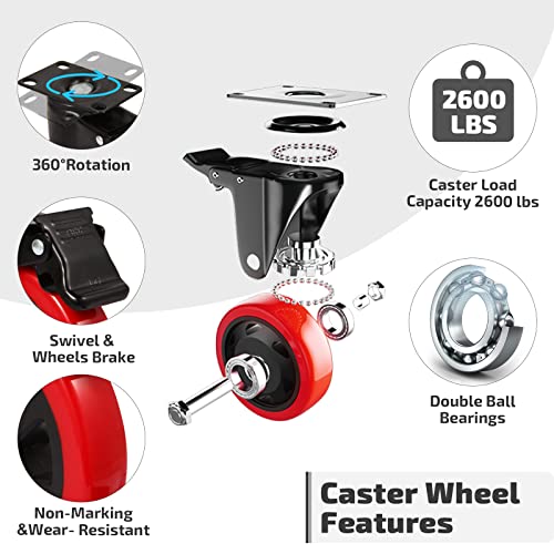 Nefish 6 Inch Heavy Duty Caster Wheels, Industrial Casters Set of 4, Locking Industrial Swivel Top Plate Casters 2600 Lbs, 360 Degree Industrial Grade Casters for Industrial, Furniture, Equipment - size: 6 IN
