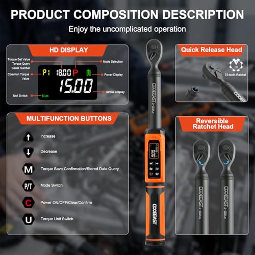 Digital Torque Wrench 3/8 Drive,Preset Value(1.5-99.5Ft-lbs./2-135 Nm) - color: Black, size: 3/8-inch (1.5-99.5 Ft-lbs./2-135Nm)