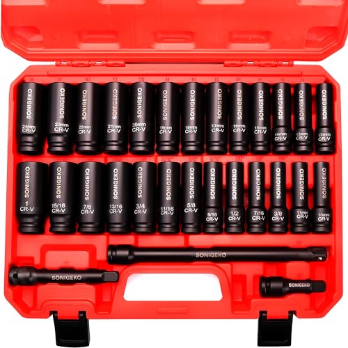 29-Piece 1/2" Drive Impact Socket Set，(3/8"-1", 10mm-24mm) - size: 29 PCS, 1/2" Socket Set, Metric & SAE